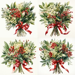 Fototapeta premium Isolated clipart of a Christmas mistletoe bouquet with white flowers on a white background, ideal for holiday decor, winter season gift embellishments, and wedding decorations.
