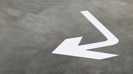 Perspective view of an arrow in white painting sign indicating a direction on steel trowel finish...