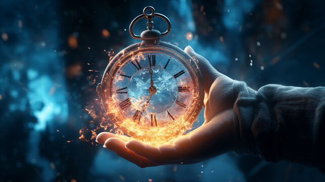 Person hand holding alarm clock burning, melting and exploding, abstract Time To Act concept