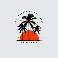 California sunset logo badge on white background graphics for t-shirts and other print production. Palm tree silhouette concept. Vector illustration. Flat style design - obrazy, fototapety, plakaty