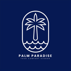Palm Paradise logo on blue background graphics for t-shirts and other print production. Minimalist concept. Vector illustration for design