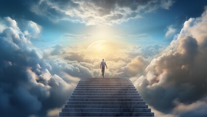 Stairway to Infinity: A Man Ascending Towards the Endless Skies - obrazy, fototapety, plakaty