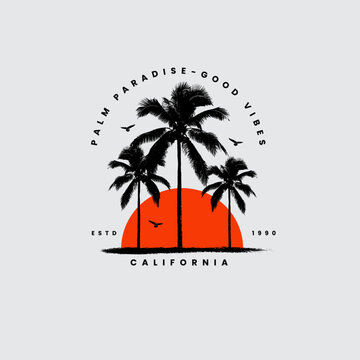 California sunset logo badge on white background graphics for t-shirts and other print production. Palm tree silhouette concept. Vector illustration. Flat style design