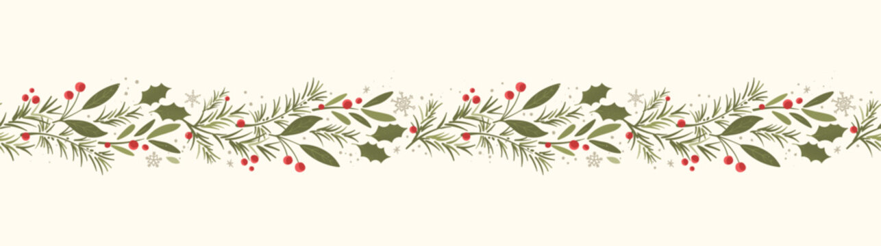 Fototapeta Cute hand drawn horizontal seamless pattern with candles, branches and christmas decoration - x mas background, great for textiles, banners, wallpapers - vector design