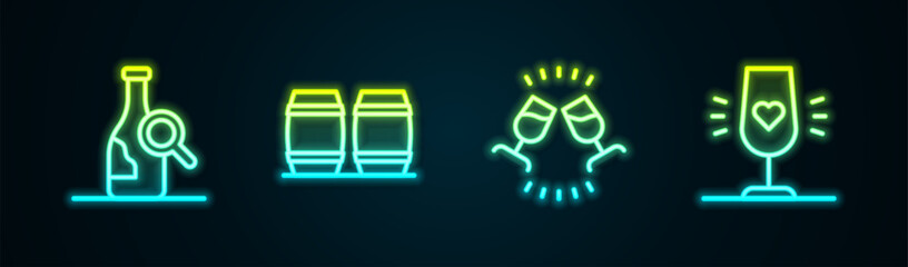 Set line Bottle of wine, Wooden barrel for, Wine tasting, degustation and glass. Glowing neon icon. Vector