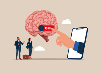 Hand turns off brain switch. Wisdom and mindset. Turn off awareness. Flat vector illustration