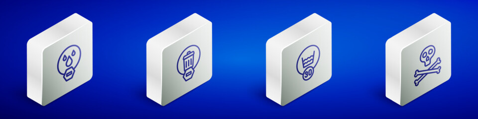 Set Isometric line Water drop forbidden, Trash can, Temperature wash and Bones and skull warning icon. Vector