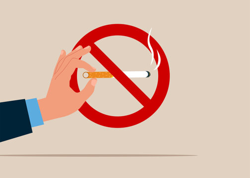 No smoking. Fighting to quit smoking. No smoking banner. Hand holding smoking cigarette. Vector Illustration.