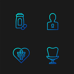Set line Armchair, Psychology, Psi, Sedative pills and Solution to the problem. Gradient color icons. Vector