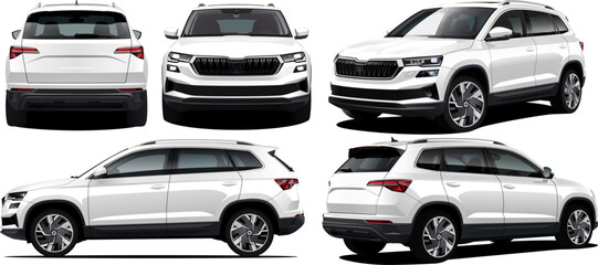 Vector Realistic White Car SUV collection isolated on white transparent background, Car collection.