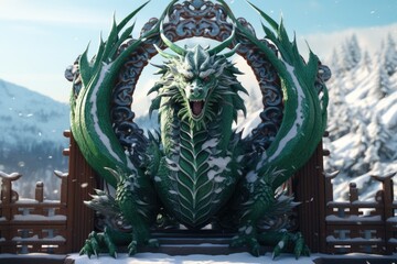 A statue of a dragon covered in snow. Perfect for fantasy-themed designs or winter-related projects - Powered by Adobe