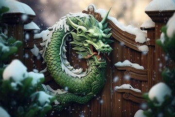 A green dragon statue stands on a wooden fence covered in snow. This image can be used to add a touch of fantasy and whimsy to any project - Powered by Adobe