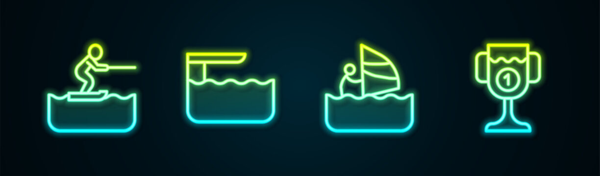 Set line Water skiing man, Diving board or springboard, Windsurfing and Award cup. Glowing neon icon. Vector