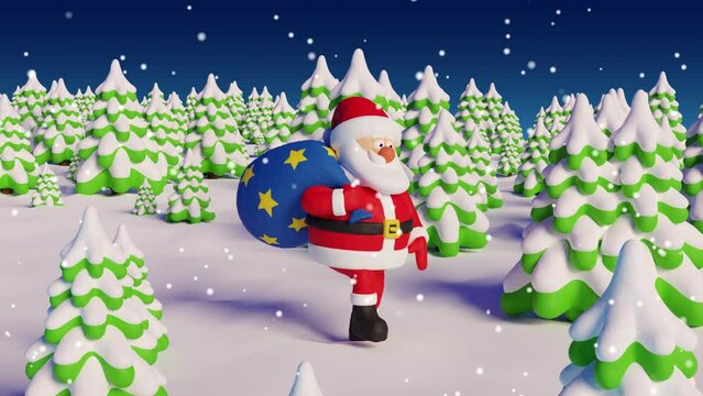 Santa with gift bag walks on snowy forest with Christmas trees. Plasticine Santa. Animation with stop motion effect.