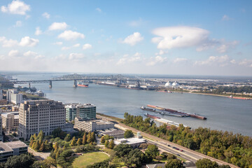 view from state capitol tower in Baton Rouge to river Mississippi and town