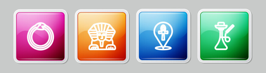 Set line Magic symbol of Ouroboros, Sphinx, Cross ankh and Hookah. Colorful square button. Vector
