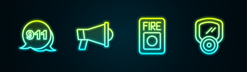 Set line Emergency call 911, Megaphone, Fire alarm system and Gas mask. Glowing neon icon. Vector