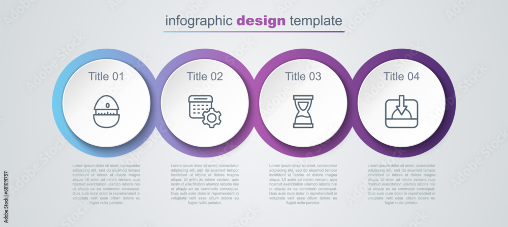 Wall mural set line kitchen timer, calendar settings, old hourglass and sunset. business infographic template. 