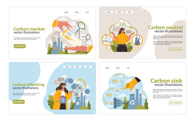 Web banners on climate solutions web or landing set. Hand showcases market strategies, woman explores offsetting, eco-balanced life, and forest as CO2 absorbent. Eco initiatives. Flat vector