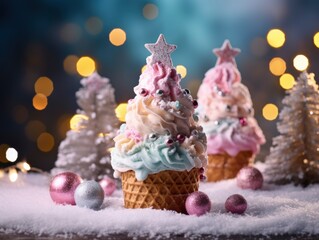 Magical ice cream in form of Christmas tree on a festive background