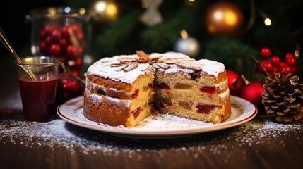 Fototapeta na wymiar Tasty sweet Christmas cake on a festive decorated table