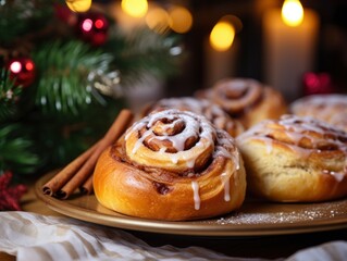 Obraz na płótnie Canvas Tasty fresh cinnamon buns on a festive decorated table