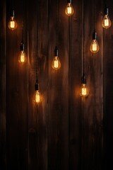 A bunch of light bulbs hanging from a wooden wall. This versatile image can be used to represent creativity, innovation, and bright ideas. Perfect for presentations, websites, and design projects