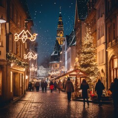 Fototapeta na wymiar Christmas Lights Adorning a European Cityscape