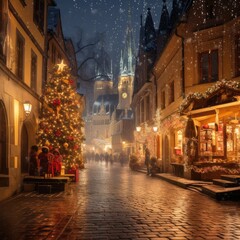 Fototapeta na wymiar Christmas Lights Adorning a European Cityscape