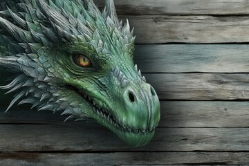 A detailed close-up view of a dragon's head carved into a wooden surface. This image can be used to add a touch of mysticism and fantasy to various projects.