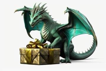 A green dragon perched on top of a gift box. Perfect for fantasy-themed projects or birthday celebrations.
