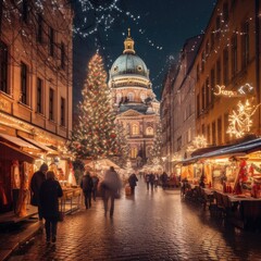 Christmas Lights Adorning a European Cityscape