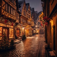 Fototapeta na wymiar Christmas Lights Adorning a European Cityscape