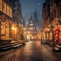 Fototapeta na wymiar Christmas Lights Adorning a European Cityscape