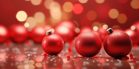 A group of red Christmas balls sitting on top of a table. Perfect for holiday decorations or festive designs.