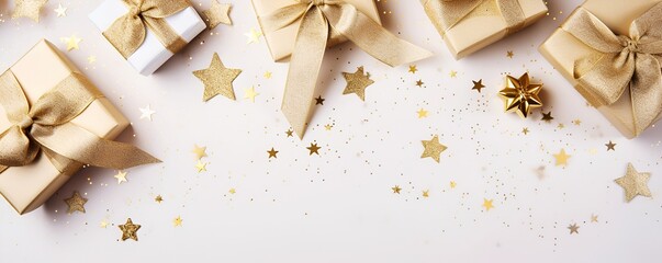 Christmas gifts and decorations, top view, on a light background, copy space, Christmas banner.