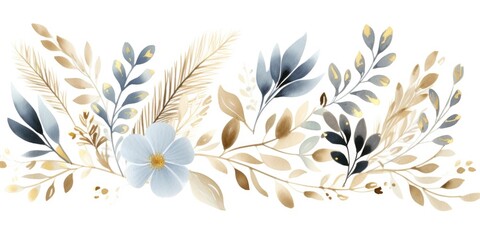 A beautiful watercolor painting depicting various flowers and leaves on a clean white background....