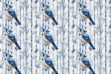 Fototapeta premium Winter dream junk journal digital papers. Winter Songbirds Snow Forest Blue Background for wallpaper, planner, journal, Scrapbooking, and more.