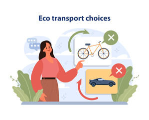 Eco Transport Choices concept. Woman highlights a bicycle as a green option while rejecting the car. Embracing eco-friendly mobility for a sustainable future. Flat vector illustration