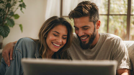 Young multiracial couple laughing looking at laptop sitting on sofa at home, happy diverse husband and wife using online services on internet, technology lifestyle concept, space for text