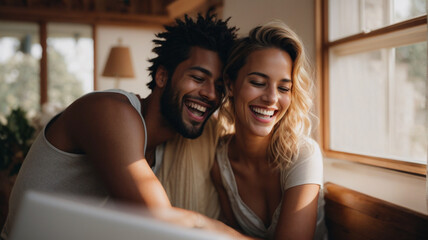 Young multiracial couple laughing looking at laptop sitting in beautiful bright space, happy diverse husband and wife using online services on internet, technology lifestyle concept, space for text