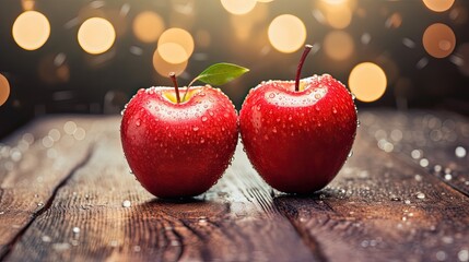 2 apples in the shape of love hearts on a branch - obrazy, fototapety, plakaty