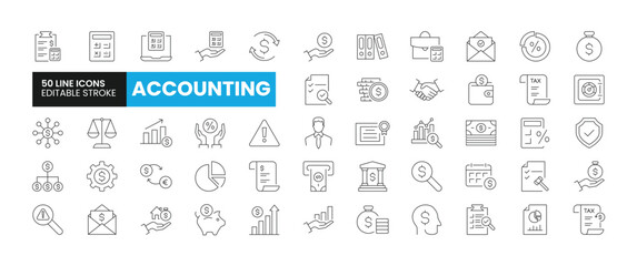 Set of 50 Accounting line icons set. Accounting outline icons with editable stroke collection. Includes Accountant, Cash Flow, Bank, Risk, Audit and More. - obrazy, fototapety, plakaty