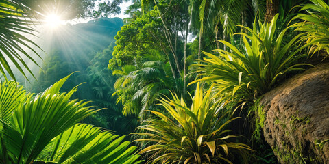 Jungle on a sunny day. Beautiful tropical rainforest illustration with exotic plants, flowers, palms, big leaves and ferns. Bright sunbeams. Background with pristine nature landscape. Generative AI