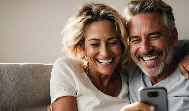 Young mature couple laughing looking at mobile phone sitting on sofa at home, happy diverse husband and wife using online services on internet, technology lifestyle concept, space for text