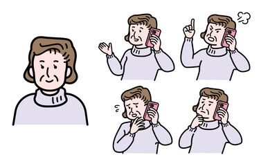 電話をかけているシニア女性の喜怒哀楽の表情４点と正面バストアップショットのイラストセット