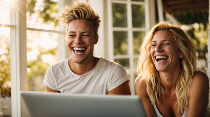 Young multiracial friends laughing looking at laptop sitting in beautiful bright space, friends using online services on internet, technology lifestyle concept, space for text - obrazy, fototapety, plakaty