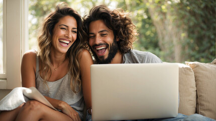 Young multiracial couple laughing looking at laptop sitting on sofa at home, happy diverse husband and wife using online services on internet, technology lifestyle concept, space for text
