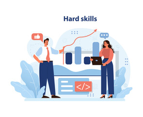 Professionals enhancing career prospects through hard skills development, with a focus on analytics and coding. Mastery in the digital age. Flat vector illustration.