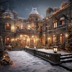 Fototapeta premium A Medieval Castle Aglow with Holiday Splendor, generative AI 